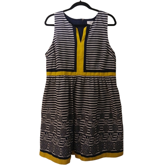 crown & ivy Dresses & Skirts - Crown & Ivy Navy White Yellow Vacation Preppy Striped Pineapple Flare Dress-16